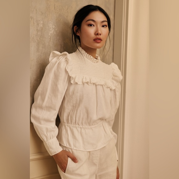 Mango Tops - MNG White Linen Smocked Blouse Puff Sleeve Ruffle Neck Vintage-Inspired Crop Top